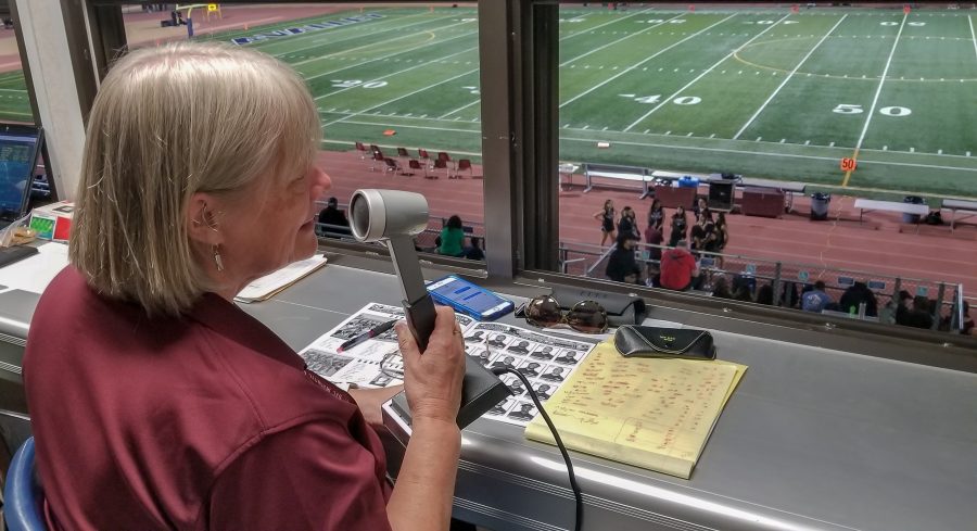 Linda Diaz has been the Mounties PA Announcer for over 37 years. Photo credit: John Athan.