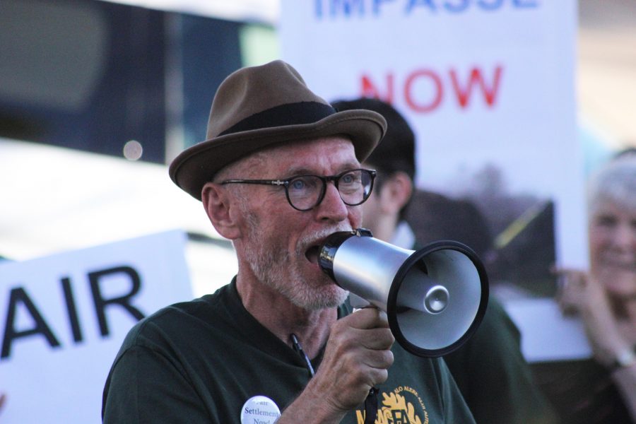 English professor Gary Enke screams chants on his microphone as he protests along with other professors at Mt. SAC on April 10, 2019. Photo credit: Lauren Berny/SAC.Media.