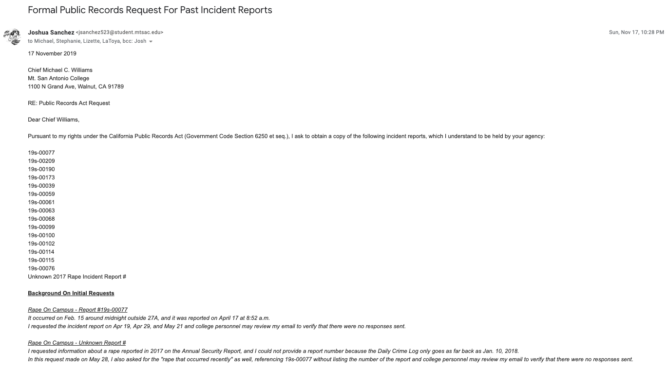 Formal CPRA For Past Incident Reports