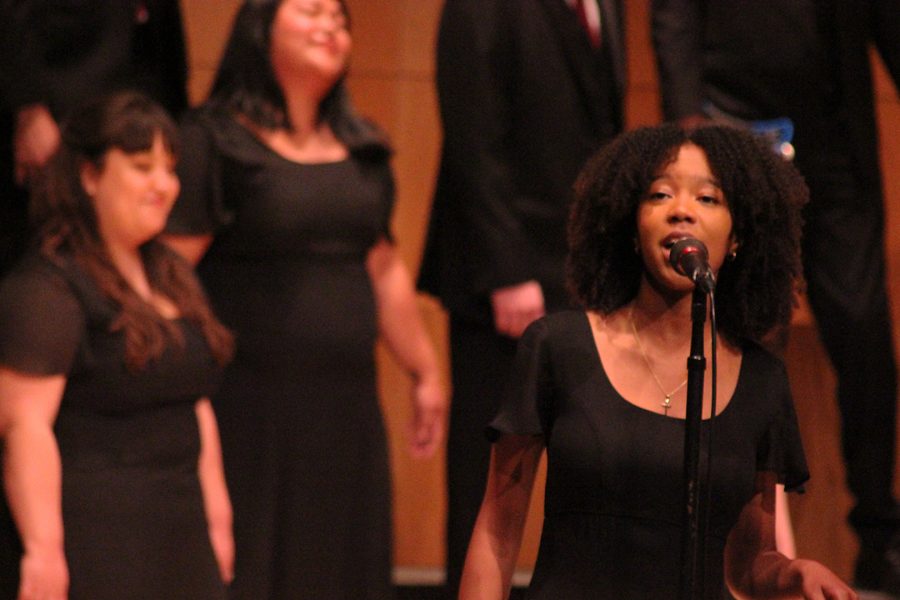Joy Jackson, from the group Chamber Singers, sang, “Still I Rise” at the end of the Spring Choral Concert on May 31. Photo credit: Lauren Berny/SAC.Media. 
