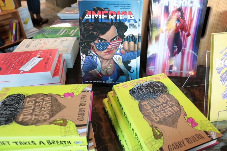 Gabby Rivera’s books layed out on a desk at the Cellar Door Book Store near UC Riverside on Sept. 19, 2019. Photo credit Lily Lopez/SAC.Media.