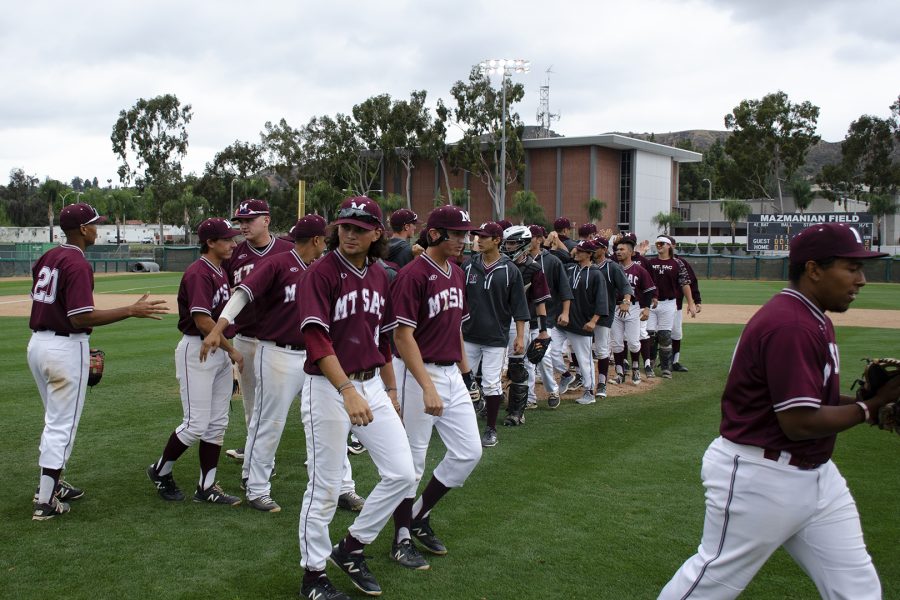 Mt. SAC Baseball celebrates at Mazmanian Field after sweeping Glendale College with their 8-5 win in game two on Saturday, May 12. Photo Credit: Hernandez Coke/SAC.Media