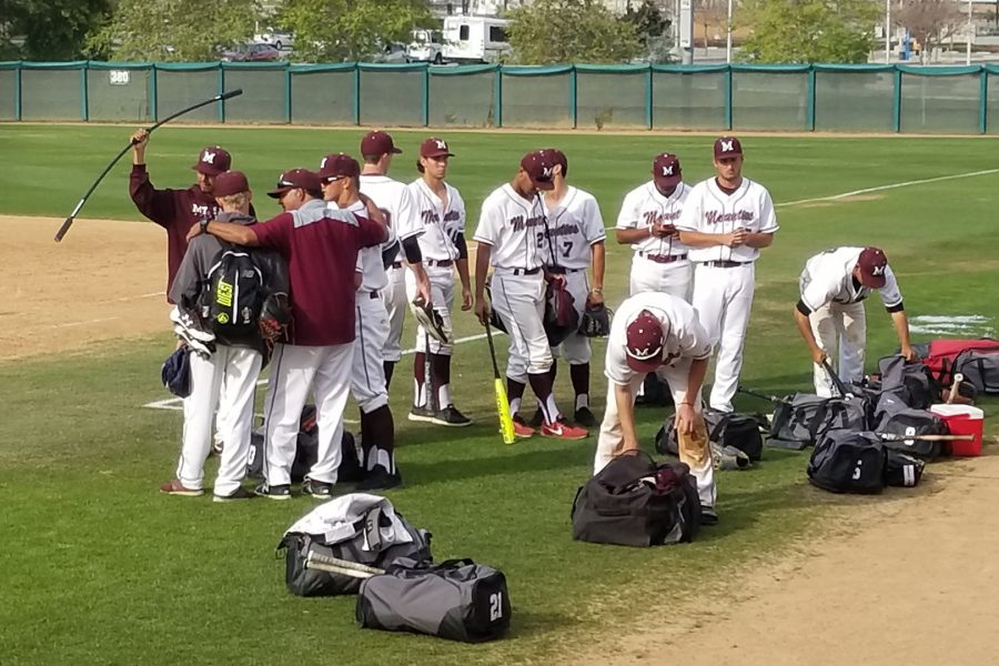 Mt. SAC Baseball gathers near the home dugout at Mazmanian Field on Saturday, March 31, 2018. Photo Credit: John Athan.