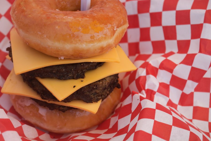 The Triple Decker Krispy Kreme Cheeseburger at the L.A. County Fair. Photo by Taylor Aldape/SAC Media.