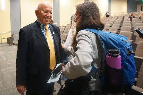 Holocaust Survivor Jerry Weiser speaks with a Mt. SAC student after speaking in the Design Technology Center on Dec. 20, 2019. Photo credit: Emerald Fimbres/SAC.Media.