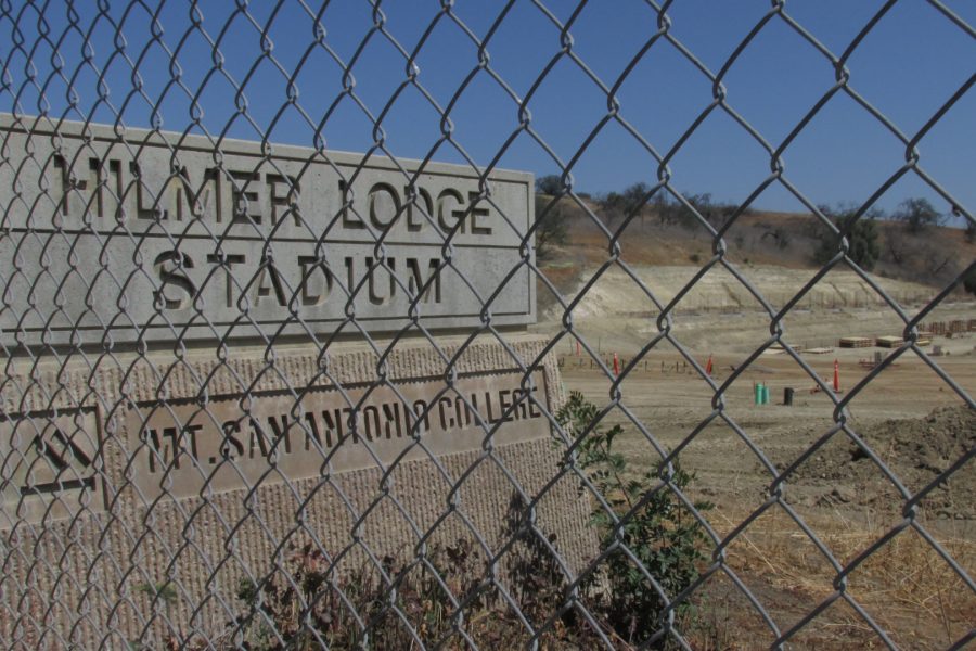 Hilmer Lodge Stadium signage over the construction zone of the project site. Photo Credit: Tiffani Calvillo/SAC.Media.