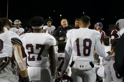 Mt. SAC Football Coach Bob Jastrab speaks to the team in a huddle after the Southern California Football Association Southern Regional Semifinal against Riverside Community College on November 23, 2019. Photo credit: Andre Tinoco/SAC.Media.