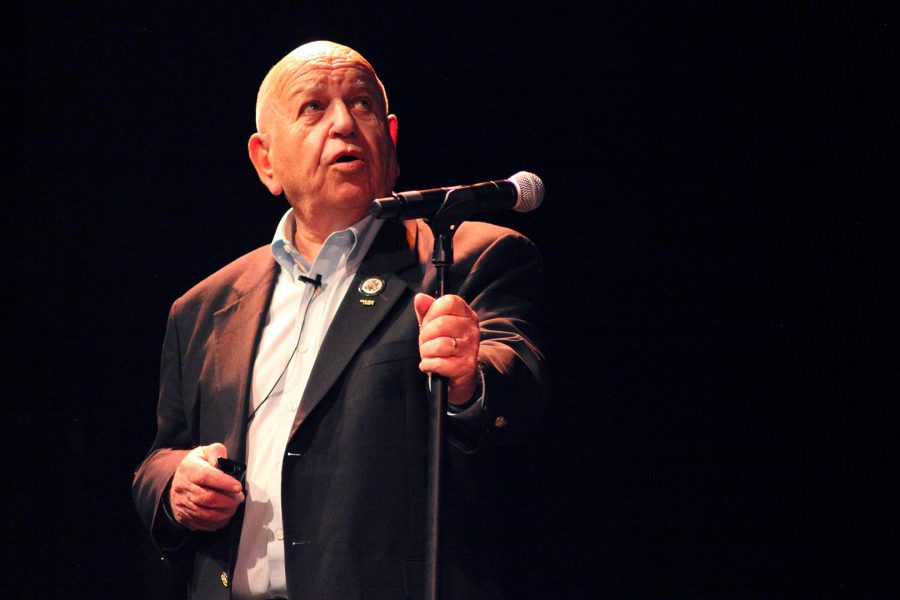 Jerry Weiser, holocaust survivor, spoke at the Sophia B. Clarke Theater on May 9, 2019. He explained his mothers survival as well as his own survival through the holocaust during WWII. Photo credit: Abraham Navarro/ SAC.Media.