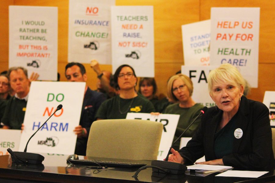 Joan Sholars, Vice President of Mt. SAC Faculty Association, at the Board of Trustees meeting talking about the importance of the faculty's health care. Photo credit: Lauren Berny/SAC.Media