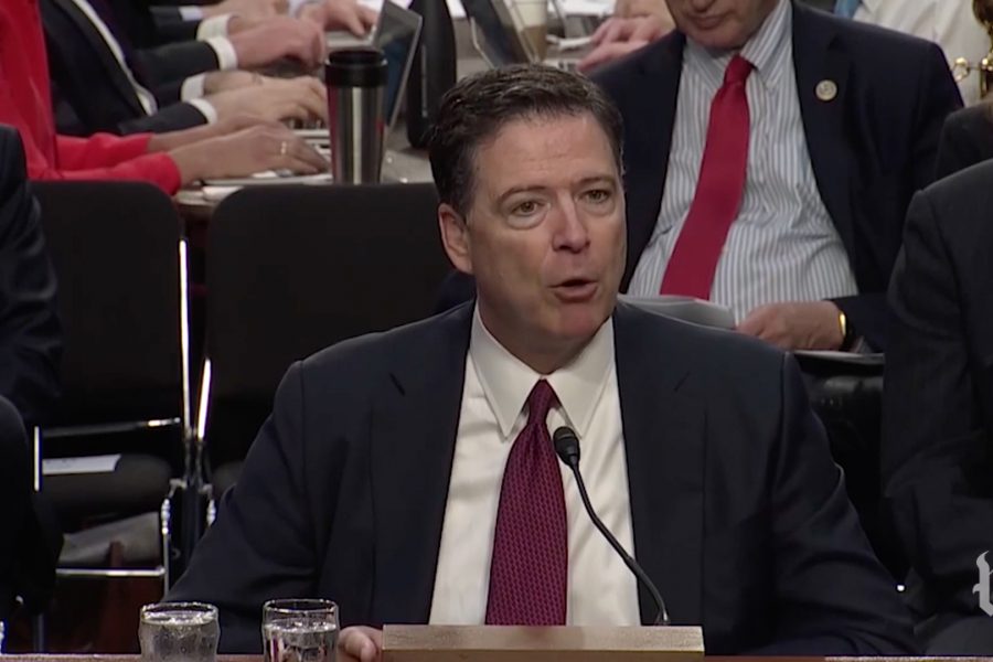 A screen shot of former FBI Director James Comey at the Senate Intelligence Committee hearing. 