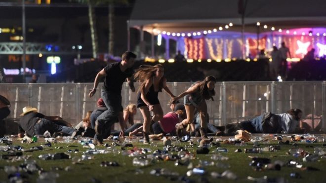 Concert goers run after a shooter fires into a crowd at the Route 91 Harvest Festival on Sunday, October 1, 2017. Photo World Entertainment/Flickr