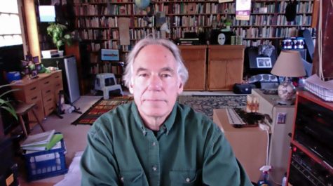 in a photo of the times, Vice President of Instruction Richard Mahon sits between Zoom meetings in his study. Photo courtesy of Richard Mahon.
