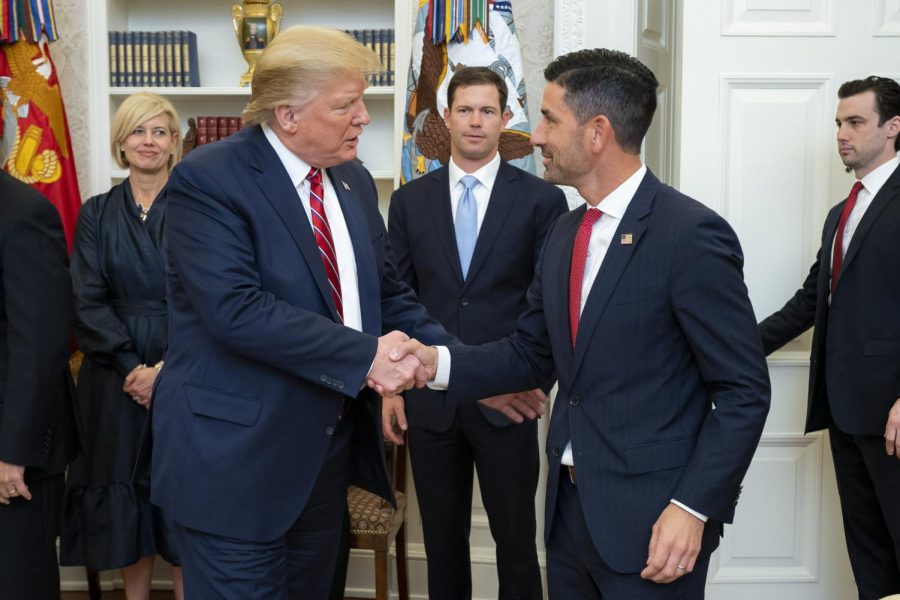 President Donald J. Trump welcomes Department of Homeland Security Undersecretary Chad Wolf to the Oval Office for Wolf’s ceremonial swearing-in Friday, Nov. 15, 2019, at the White House. 
Posted from The White House on flickr.