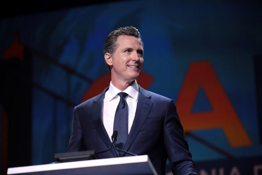 Governor Gavin Newsom speaking with attendees at the 2019 California Democratic Party State Convention at the George R. Moscone Convention Center in San Francisco, California. Posted on Wikimedia Commons by user Gage Skidmore.