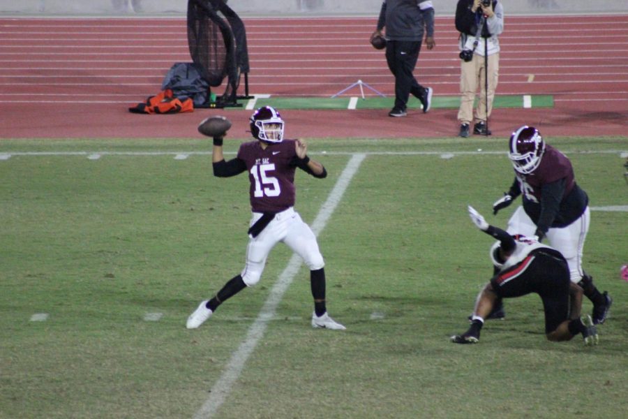 Alex Flores throwing downfield for Mt. SACs first touchdown of the game against the Riverside City Tigers on Oct. 23.