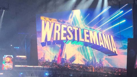 Wrestlemanias title screen flashes across AT&T Stadium on April 3.