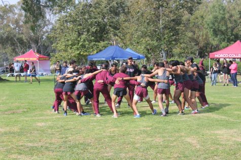 The Mounties performing their pre-race ritual. Daniel Abdala (center) lead the chant for Mt. SAC.