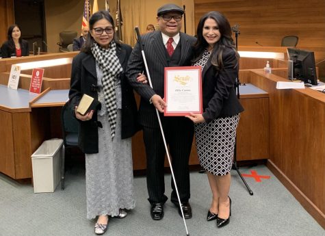 Ollie Cantos (center) alongside his mother, Lynda Cantos (left) and California State Senator Susan Rubio (right) at West Covina City Hall. 