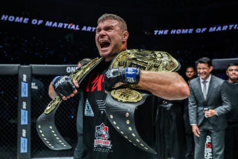 Anatoly Malykhin celebrates a decisive finish over Reinier de Ridder and achieving the status of double-champion at One on Prime Video 5 (via ONE Championship)