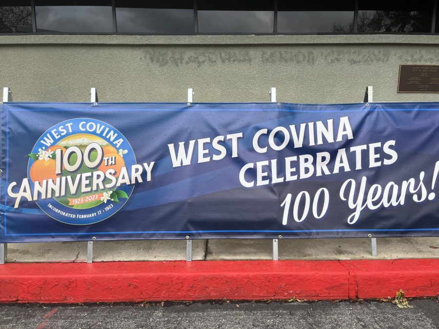 Banner promoting the centennial festival in front of the Cortez Park Community & Senior Center in West Covina