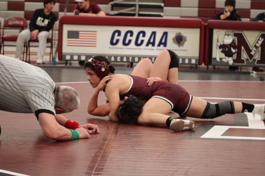 After securing a double leg takedown, sophomore Sophia Vergara maintained top control and was able to successfully pin her opponent down.