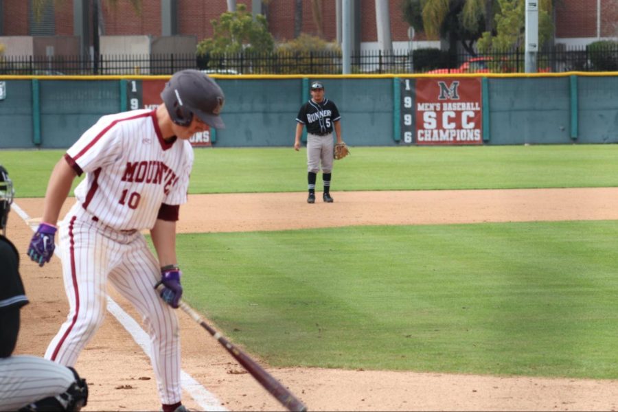 Sophomore infielder Alex Reynozo (10) looking to extend the Mountie lead.