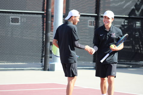 The pair of freshman Kaden Salvador and sophomore Lucas Van Zee were all smiles after winning their doubles match against the Mt. San Jacinto Eagles.