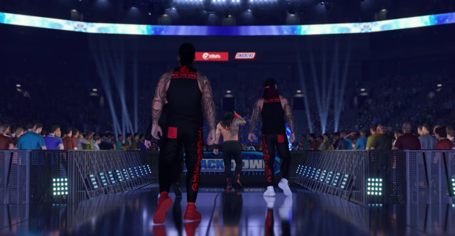 The bloodline walk down the ramp. Via WWE 2K23.