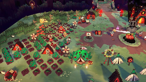 A colorful village scene from the roguelike game Cult of the Lamb. Via Steam.