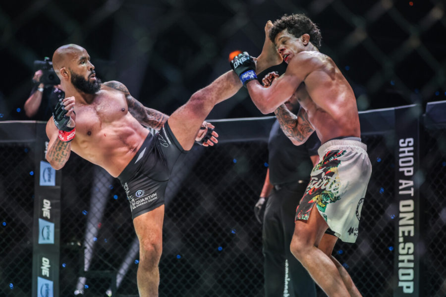 Demetrious Johnson lands a well-timed head kick against Adriano Moraes during the main event of ONE Fight Night 10. Via ONE Championship.