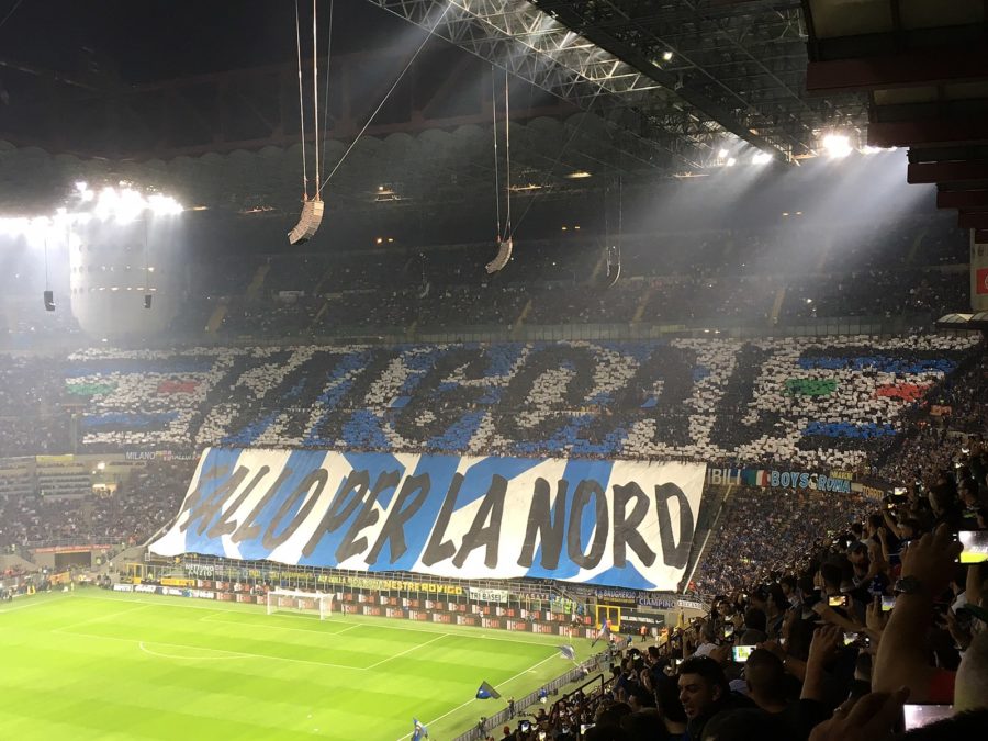 Inter Milan fans display a tifo before a match at the San Siro stadium in Milan, Italy. Via Wikimedia Commons.