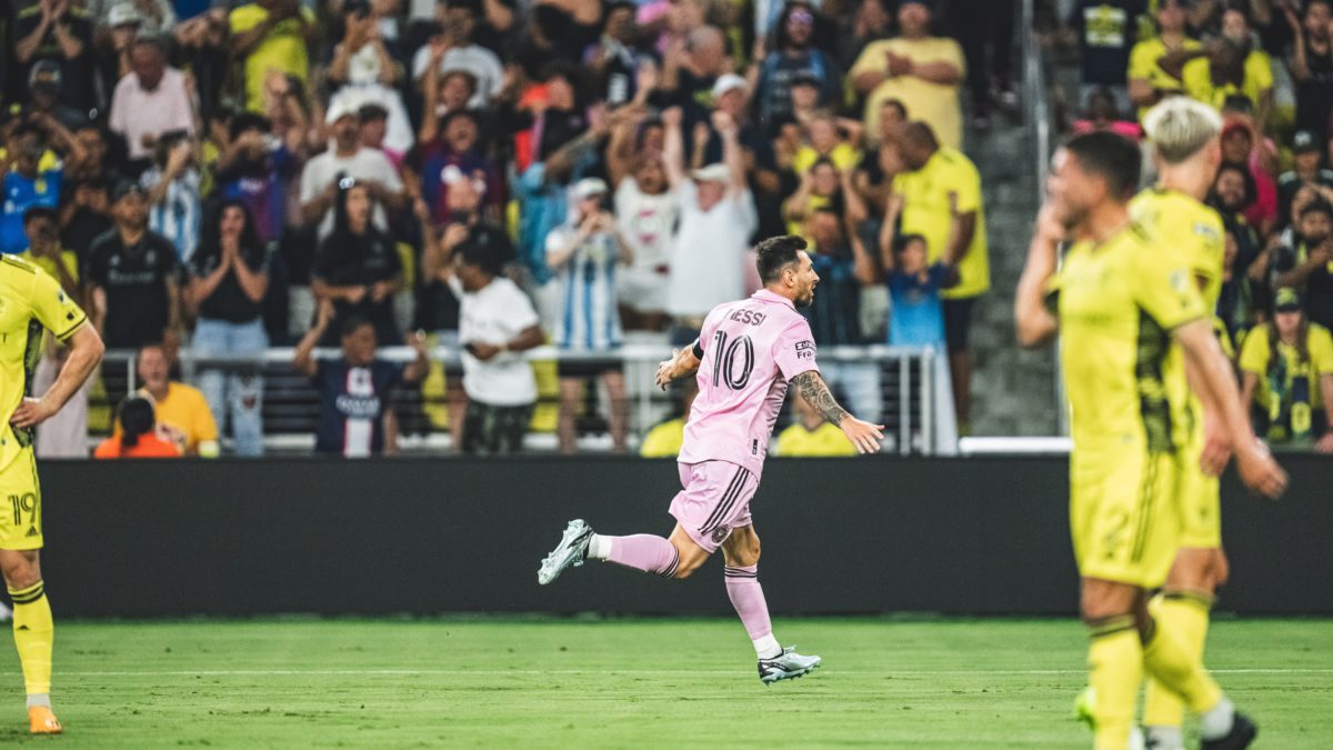 Messi celebrating his goal in the Leagues Cup final.