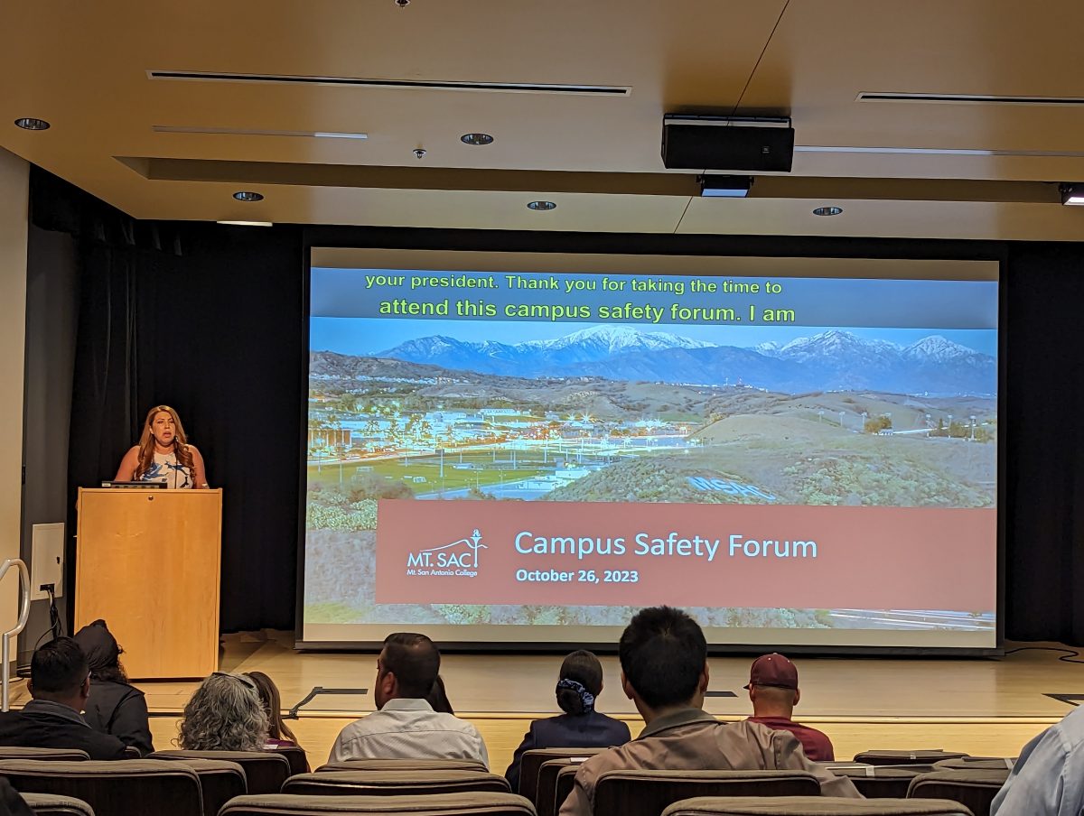 Mt. SAC President Martha Garcia at the beginning of the second Campus Safety Forum right before she reports on what has been done for Campus Safety so far.