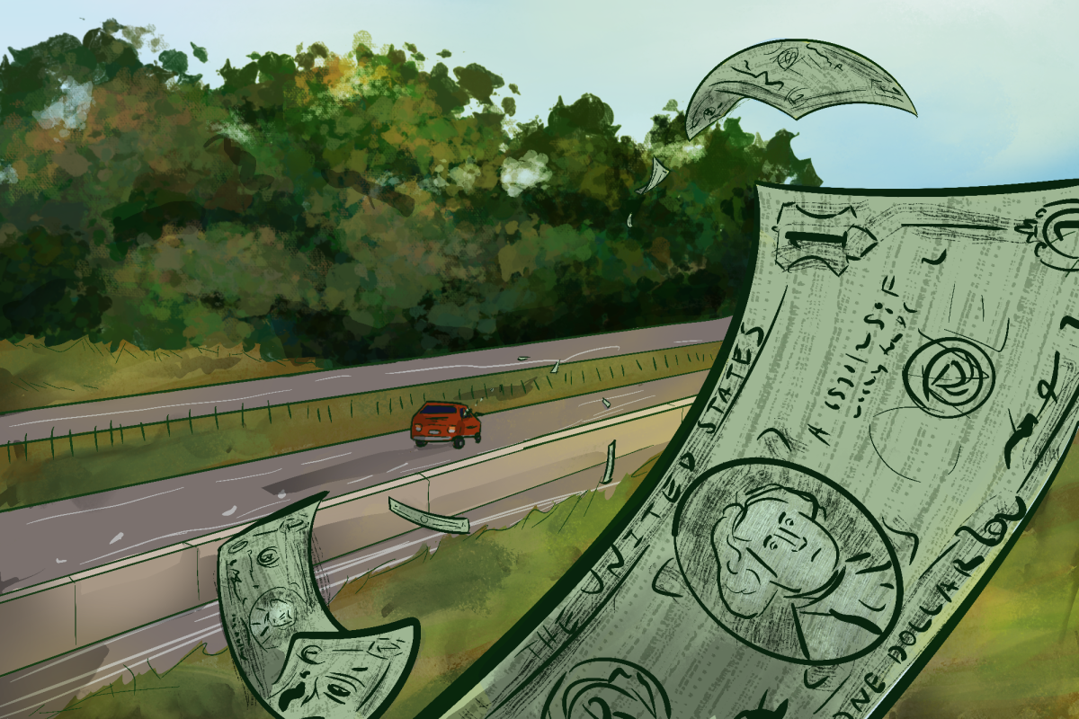 Illustration of money flying out of a vehicle driving down the freeway. 
