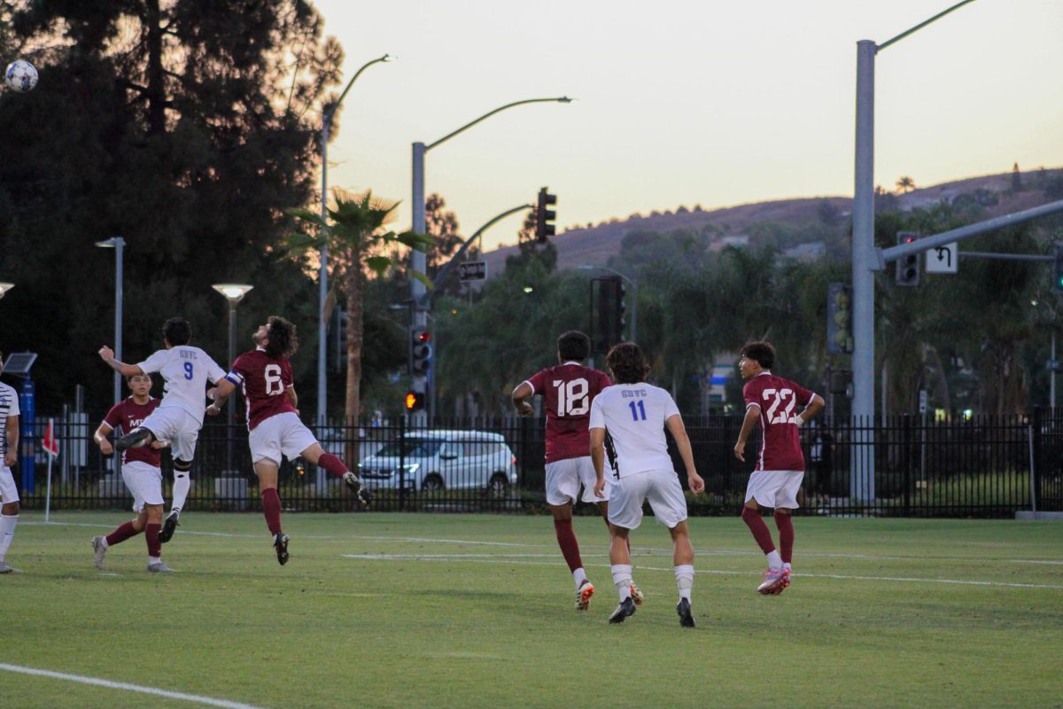 Sophomore defender team captain Felipe Cobian (6), going up for a header fighting for possession of the ball. Cobian displayed lots of confidence leading the defense and maintaining possession of the ball throughout the game.
