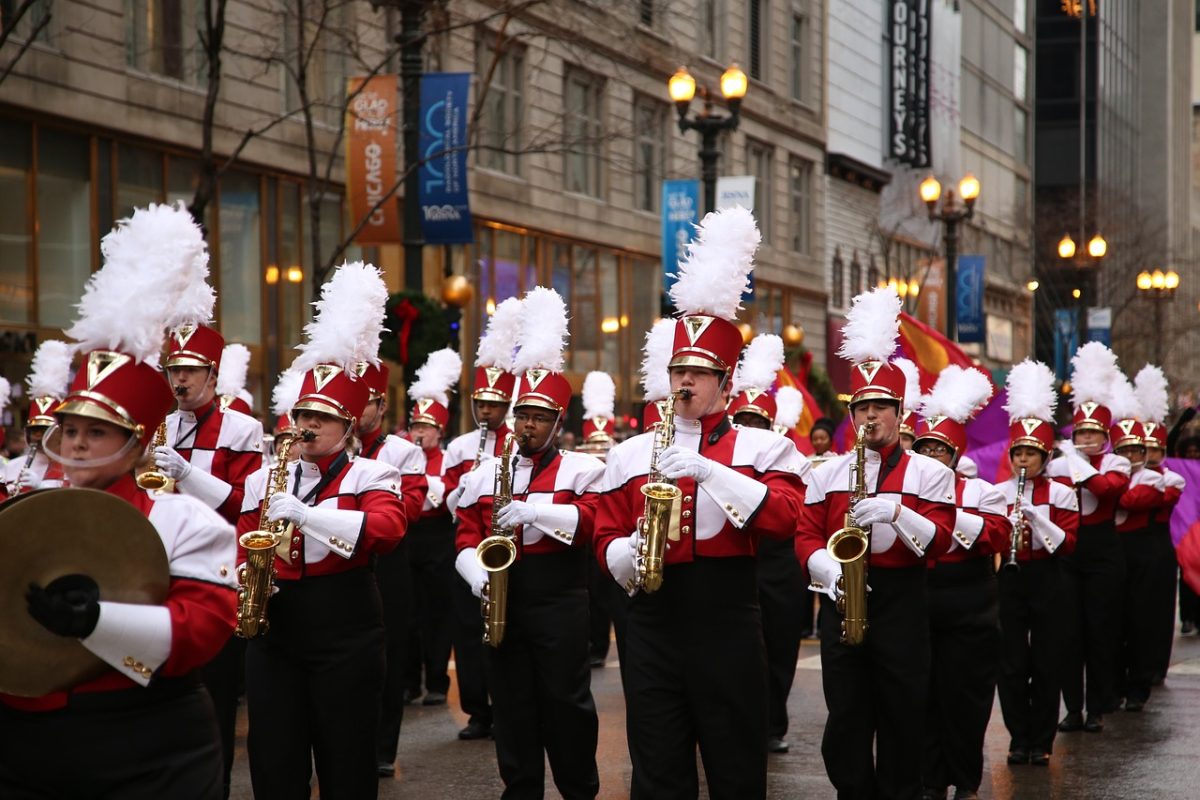 American high school marching band playing.