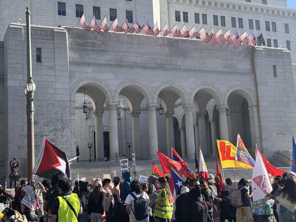 At Los Angeles City Hall, protesters gather to make their views known concerning President Trump's new term.