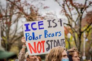 University of Oregon students of the Young Democratic Socialists of America, protests ICE on college campuses on April 11, 2025
