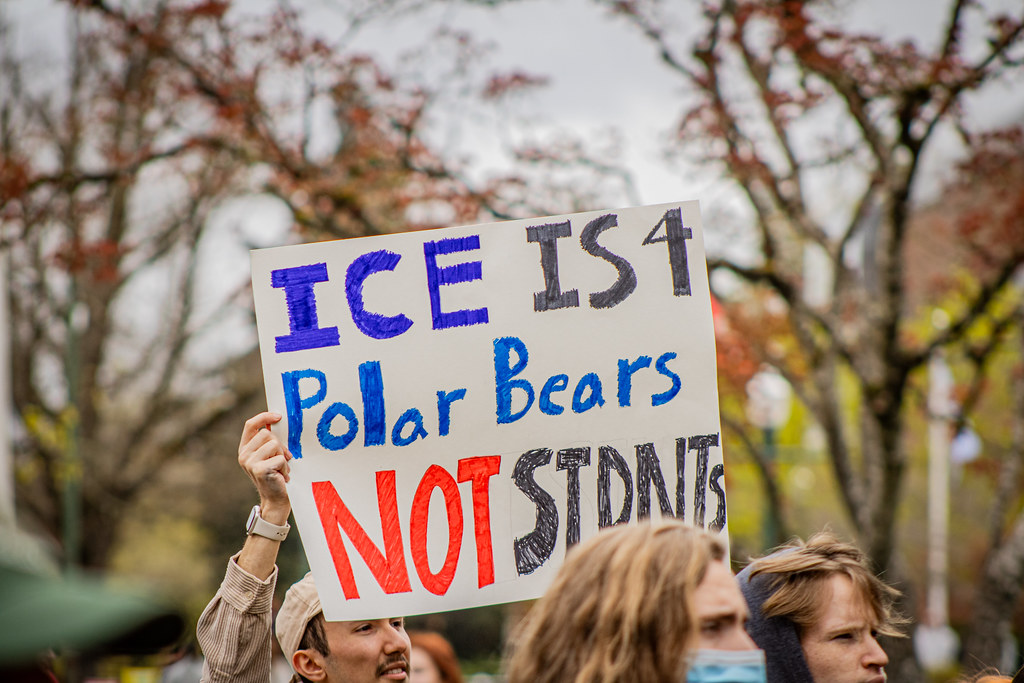 University of Oregon students of the Young Democratic Socialists of America, protests ICE on college campuses on April 11, 2025