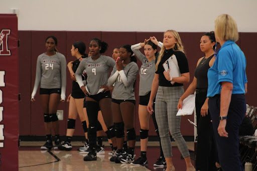 Head coach Samantha Neely, assistant coach Lauren Quinonez, freshman outside hitter and opposite hitter Yaretzi Silva (12), freshman setter Morgan Wilson (11), sophomore outside hitter and opposite hitter Sydney Valentine (9), freshman middle blocker Kelly Mei (6), and freshman middle blocker Brittney Okorie (24) stunned after their performance. 