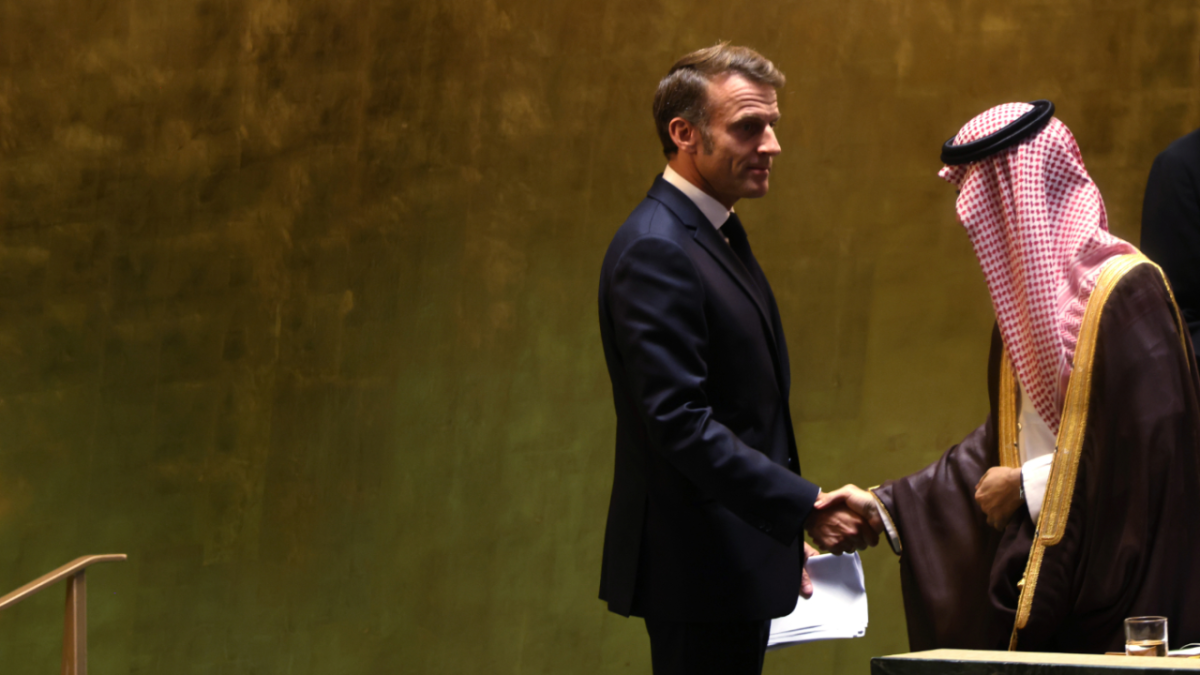 From The Hill: French President Emmanuel Macron shakes hands with Saudi Arabia’s Foreign Minister Prince Faisal bin Farhan after speaking at a United Nations (UN) General Assembly meeting being organized by France and Saudi Arabia in support of a two-state solution between Palestine and Israel on September 22, 2025 in New York City. 