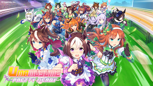 The cast of Uma Musume Pretty Derby charges forward in a colorful promotional illustration.