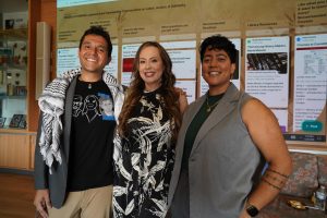 From left, Michael Angel Vazquez, professor of ethnic studies, April Tellez, professor of history and ethnic studies, and Prahas Rudraraju, professor of Asian American and Pacific Islander studies, pose following the “Seeds of Change” event at Mt. San Antonio College on March 26.