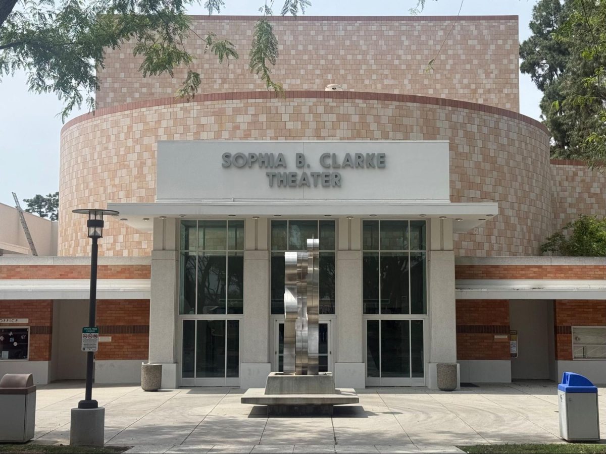 The entrance of the Sophia B. Clarke Theater, where students will stage “Mr. Burns, a Post-Electric Play,” opening April 16.