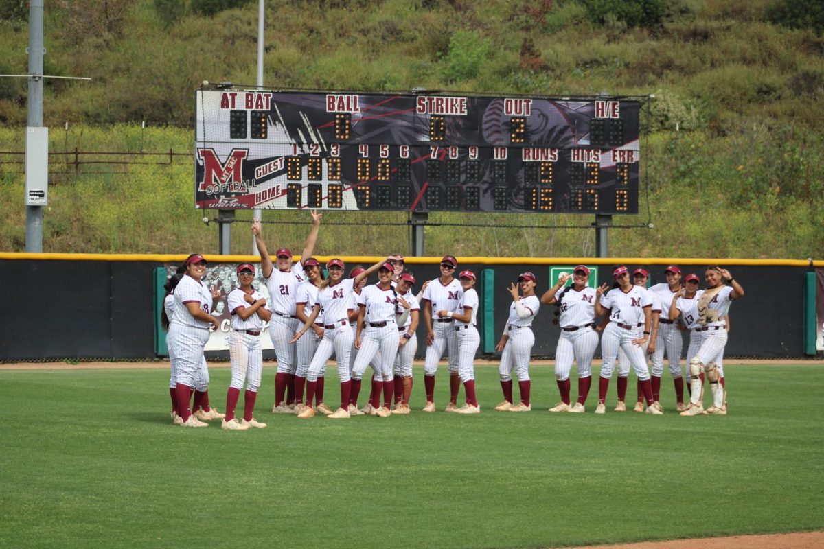 Mt. SAC softball celebrates win over LA Harbor.