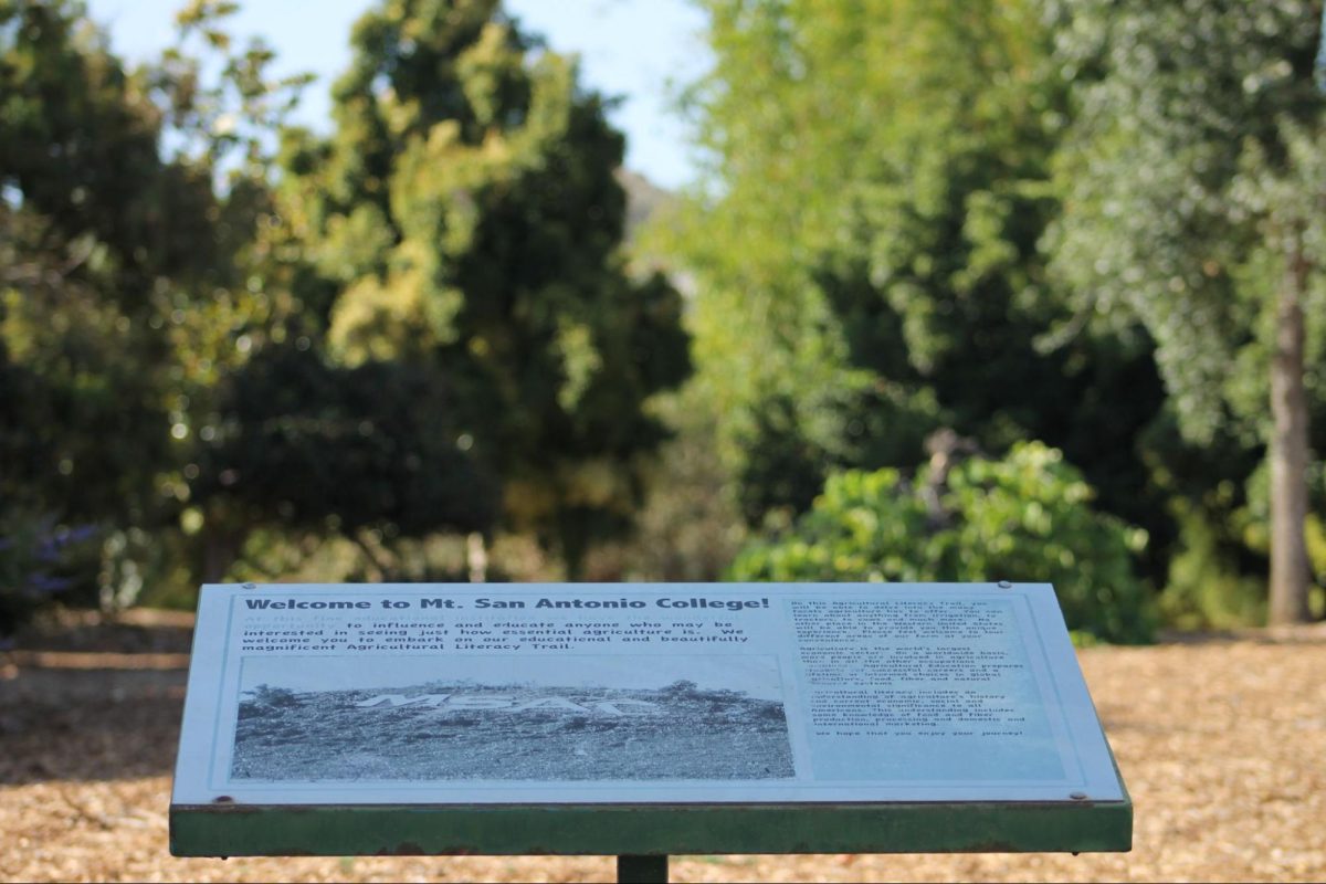 The beginning of the trail, with an informational plaque that describes the area and what the Agricultural Literacy Trail is.